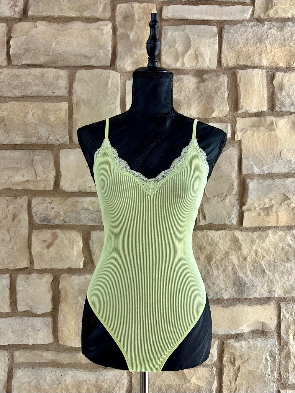 Lace-Trim Ribbed V-Neck Bodysuit in Light Lime